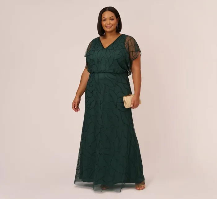 Long Dresses Womens Adrianna Papell Plus Size Beaded Blouson Mermaid Gown With Sheer Dolman Sleeves In Dusty Emerald