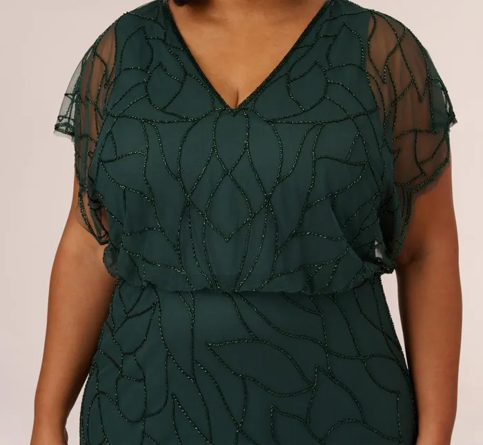 Long Dresses Womens Adrianna Papell Plus Size Beaded Blouson Mermaid Gown With Sheer Dolman Sleeves In Dusty Emerald