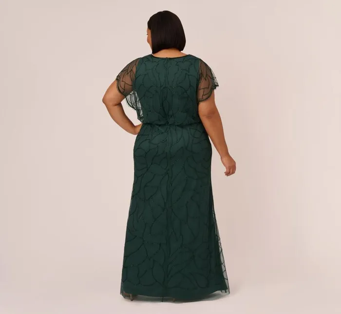 Long Dresses Womens Adrianna Papell Plus Size Beaded Blouson Mermaid Gown With Sheer Dolman Sleeves In Dusty Emerald