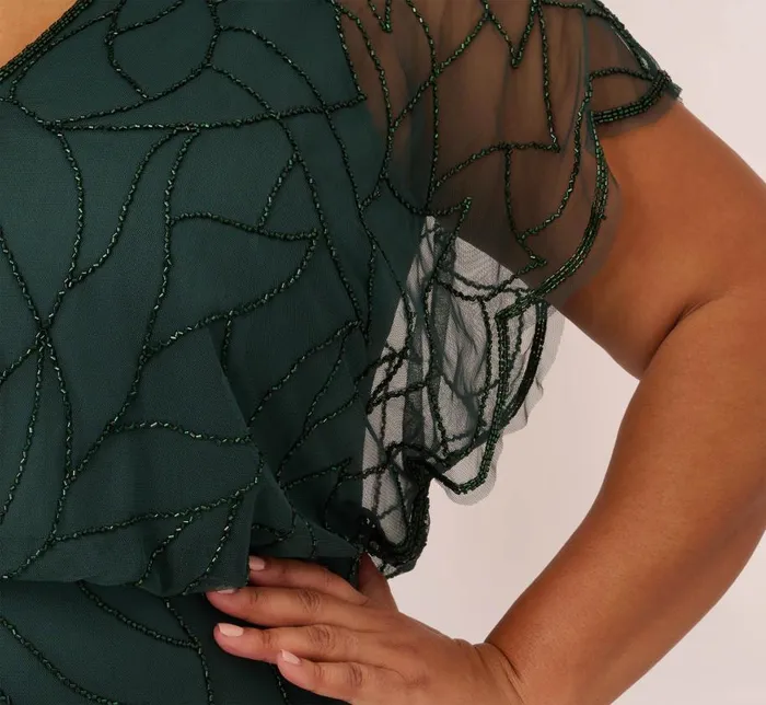 Long Dresses Womens Adrianna Papell Plus Size Beaded Blouson Mermaid Gown With Sheer Dolman Sleeves In Dusty Emerald