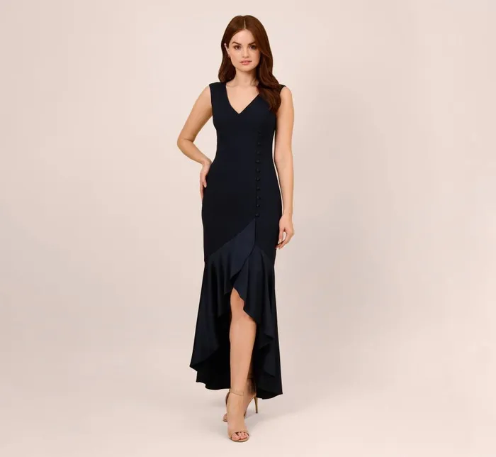 Long Dresses Womens Adrianna Papell Satin Crepe HighLow Gown With Button Details In Dark Navy Long Dresses Womens Adrianna Papell Satin Crepe HighLow Gown With Button Details In Dark Navy