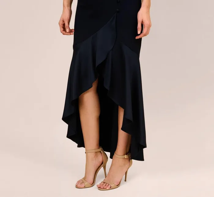 Long Dresses Womens Adrianna Papell Satin Crepe HighLow Gown With Button Details In Dark Navy
