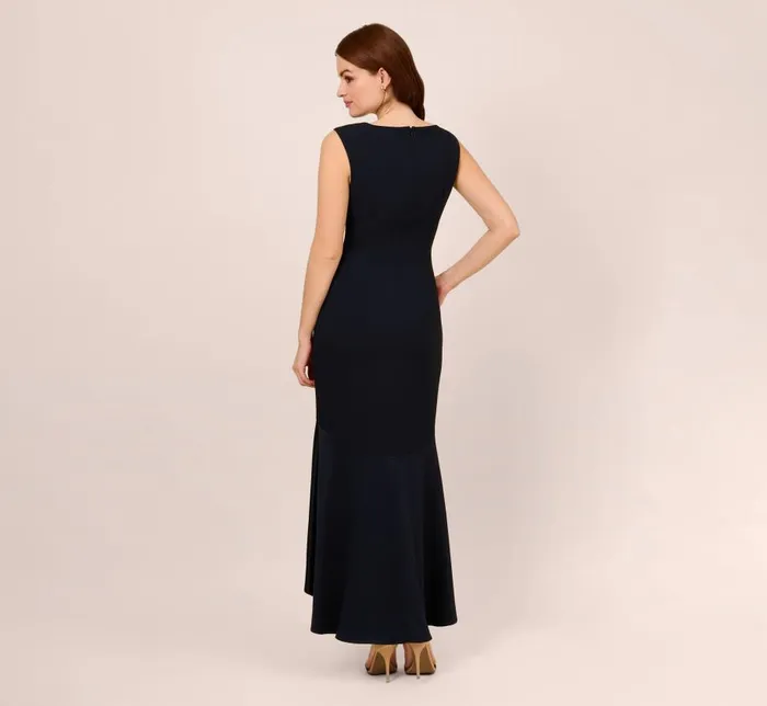 Long Dresses Womens Adrianna Papell Satin Crepe HighLow Gown With Button Details In Dark Navy