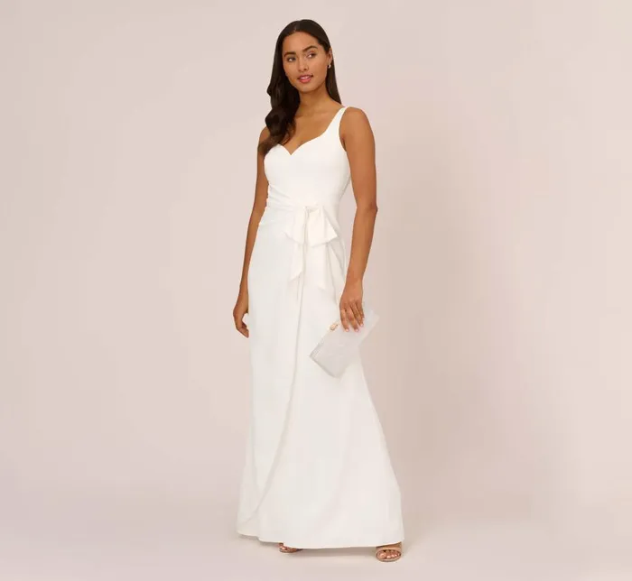 Long Dresses Womens Adrianna Papell Satin Crepe Mermaid Gown With Tie Waist In Ivory
