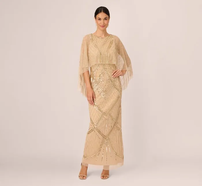 Long Dresses Womens Adrianna Papell Scallop Beaded Cape Column Gown In Gold