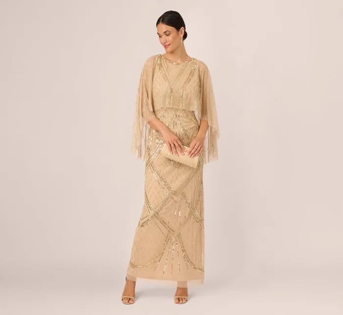 Long Dresses Womens Adrianna Papell Scallop Beaded Cape Column Gown In Gold