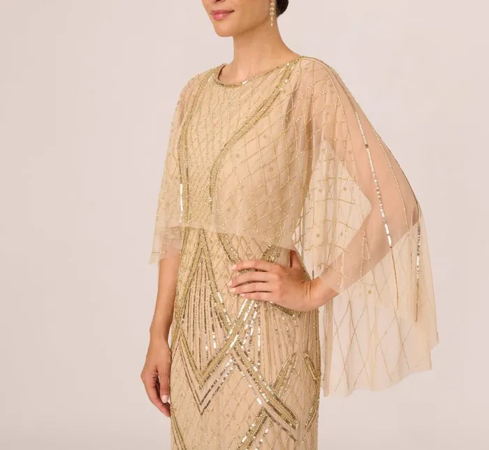 Long Dresses Womens Adrianna Papell Scallop Beaded Cape Column Gown In Gold