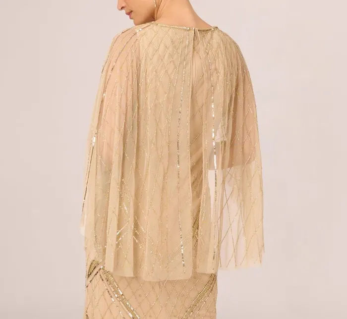 Long Dresses Womens Adrianna Papell Scallop Beaded Cape Column Gown In Gold