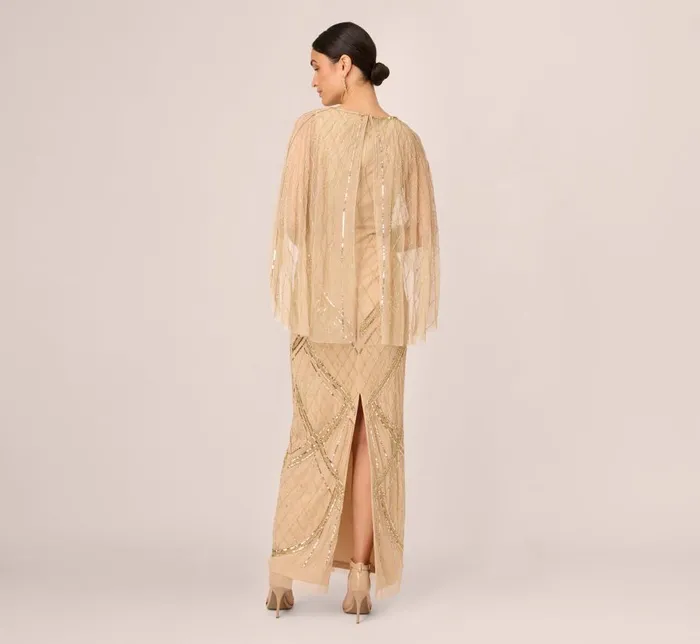 Long Dresses Womens Adrianna Papell Scallop Beaded Cape Column Gown In Gold