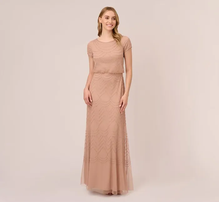 Long Dresses Womens Adrianna Papell Short Sleeve Beaded Blouson Gown In Rose Gold