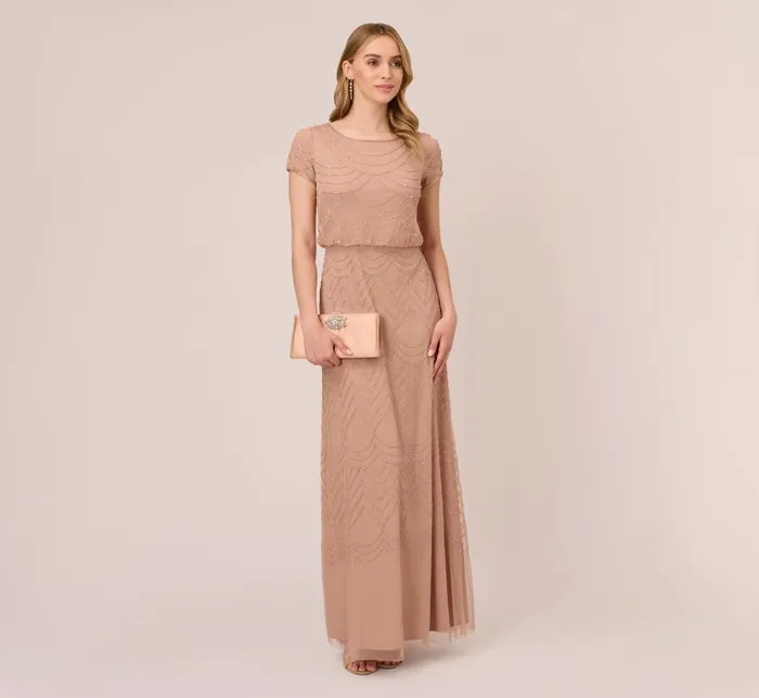 Long Dresses Womens Adrianna Papell Short Sleeve Beaded Blouson Gown In Rose Gold