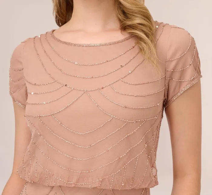 Long Dresses Womens Adrianna Papell Short Sleeve Beaded Blouson Gown In Rose Gold