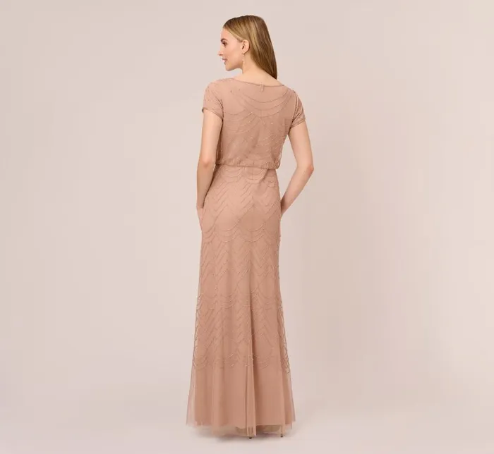 Long Dresses Womens Adrianna Papell Short Sleeve Beaded Blouson Gown In Rose Gold