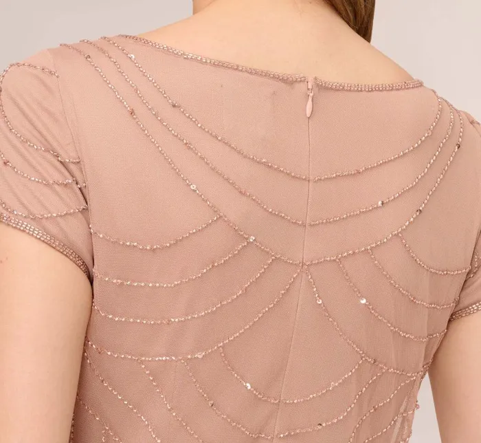 Long Dresses Womens Adrianna Papell Short Sleeve Beaded Blouson Gown In Rose Gold