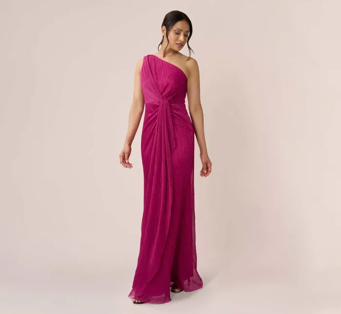 Long Dresses Womens Adrianna Papell Stardust Pleated Draped One Shoulder Gown In Magenta