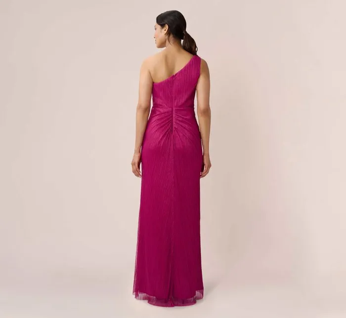Long Dresses Womens Adrianna Papell Stardust Pleated Draped One Shoulder Gown In Magenta