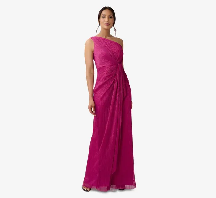 Long Dresses Womens Adrianna Papell Stardust Pleated Draped One Shoulder Gown In Magenta