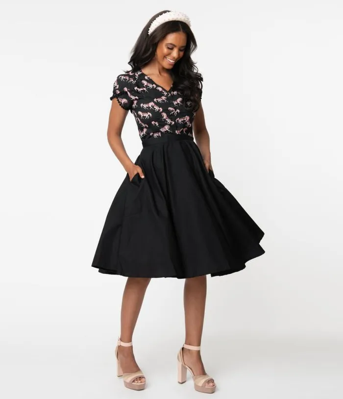 Magnolia Place 1950s Style Black High Waist Swing Skirt Clothing Unique Vintage Skirts
