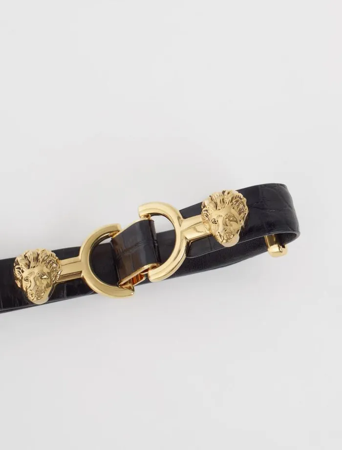 Maje Belts Womens Thin Leather Belt With Lion Bit Black