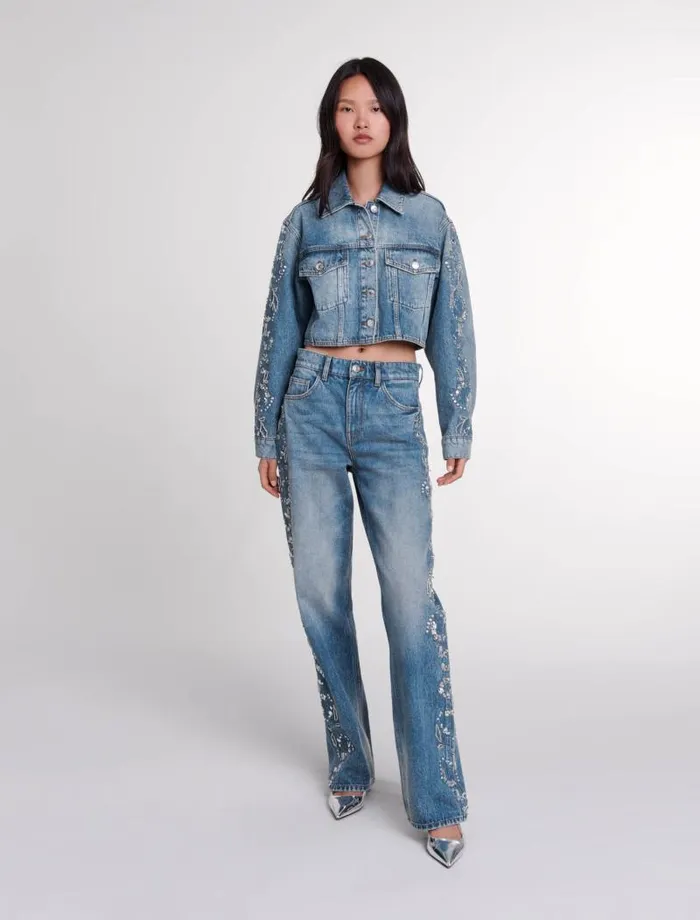 Maje Blazers and Jackets Womens Embroidered Denim Jacket Blue