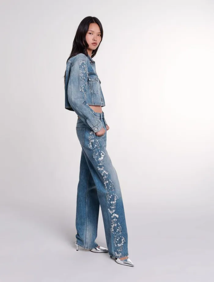 Maje Blazers and Jackets Womens Embroidered Denim Jacket Blue