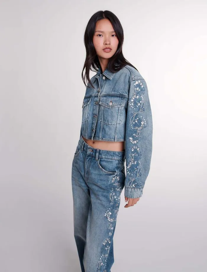 Maje Blazers and Jackets Womens Embroidered Denim Jacket Blue