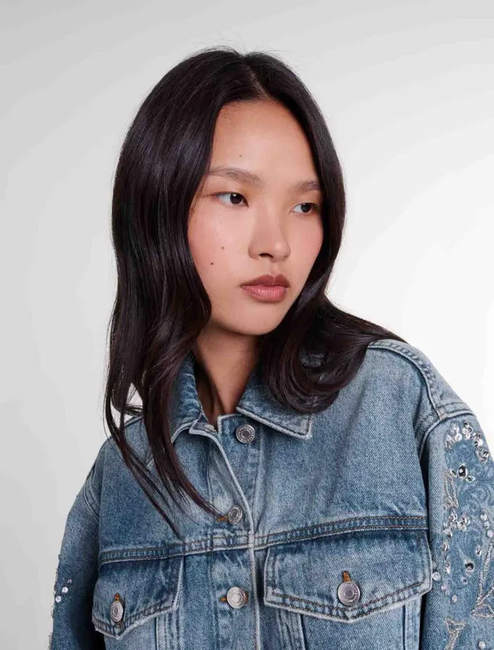 Maje Blazers and Jackets Womens Embroidered Denim Jacket Blue