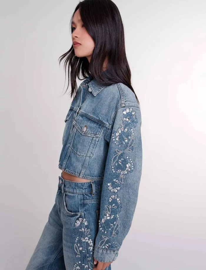 Maje Blazers and Jackets Womens Embroidered Denim Jacket Blue
