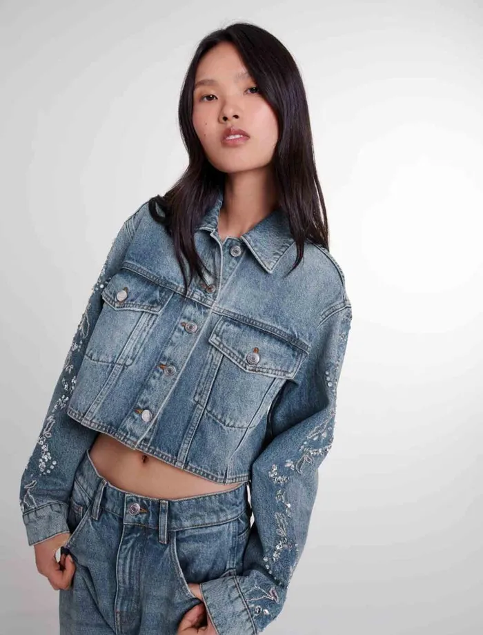 Maje Blazers and Jackets Womens Embroidered Denim Jacket Blue