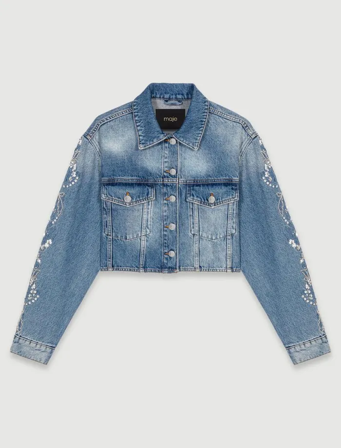 Maje Blazers and Jackets Womens Embroidered Denim Jacket Blue