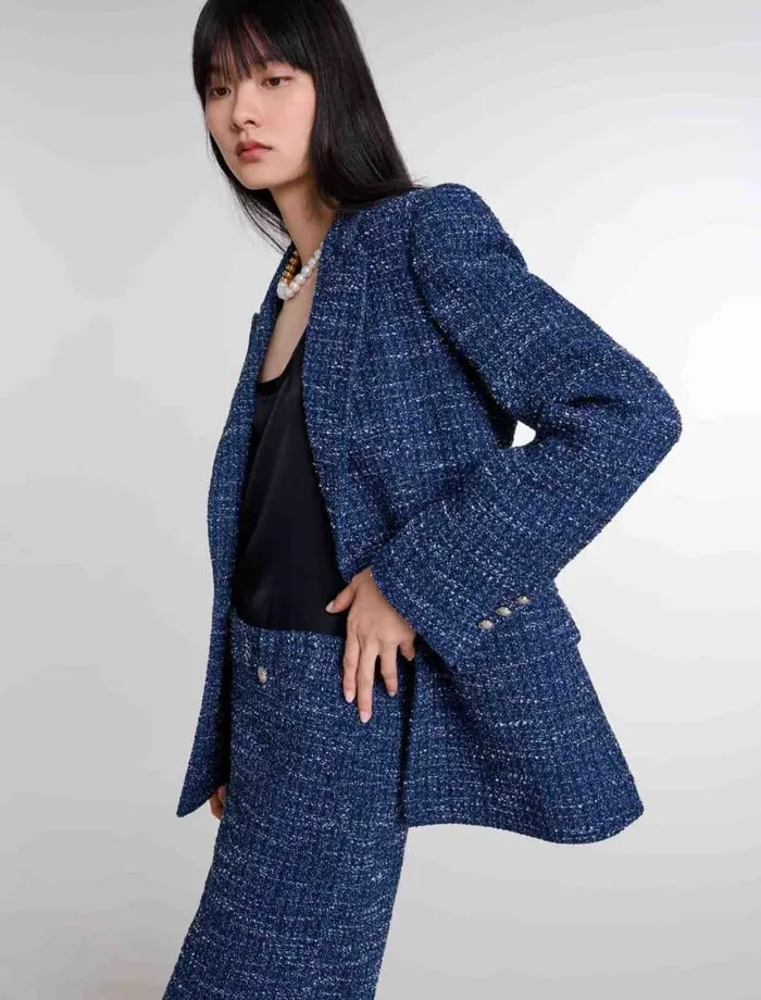 Maje Blazers and Jackets Womens Tweed Jacket Blue