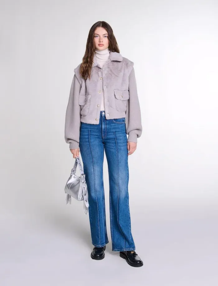 Maje Coats Womens Dualmaterial Faux Fur Jacket Grey