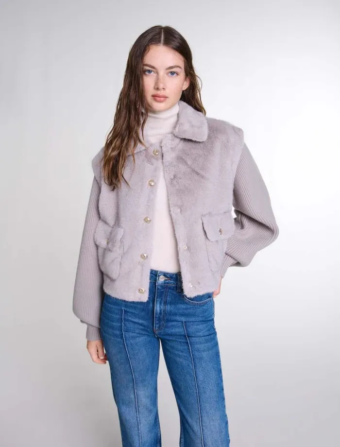Maje Coats Womens Dualmaterial Faux Fur Jacket Grey