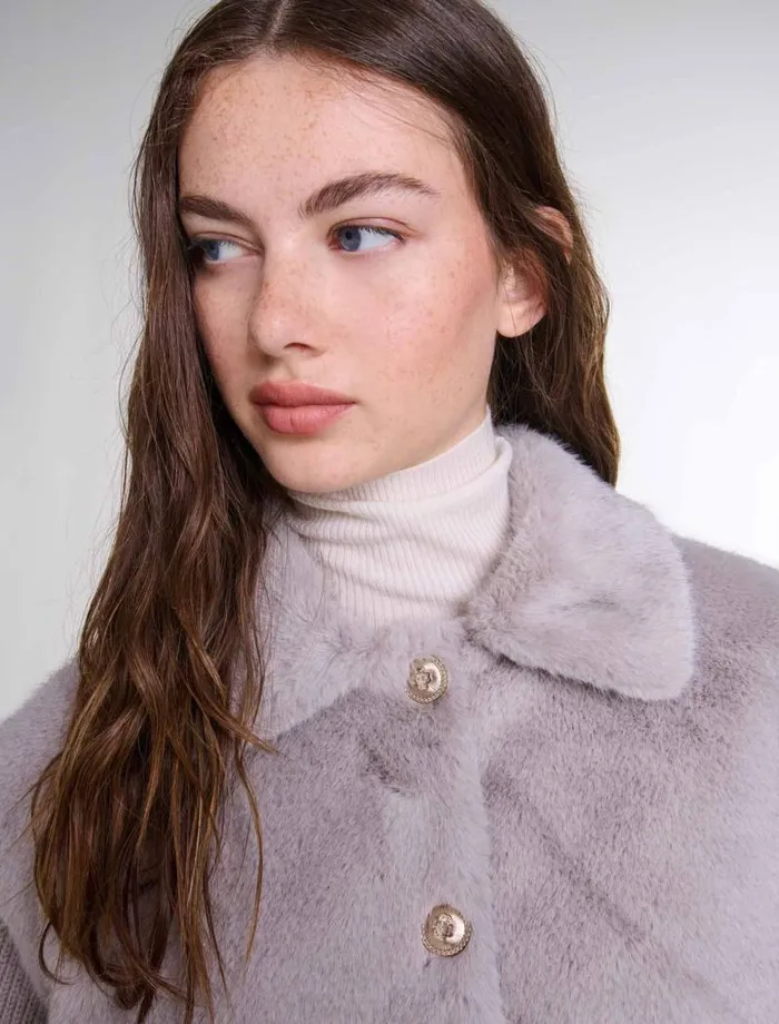 Maje Coats Womens Dualmaterial Faux Fur Jacket Grey