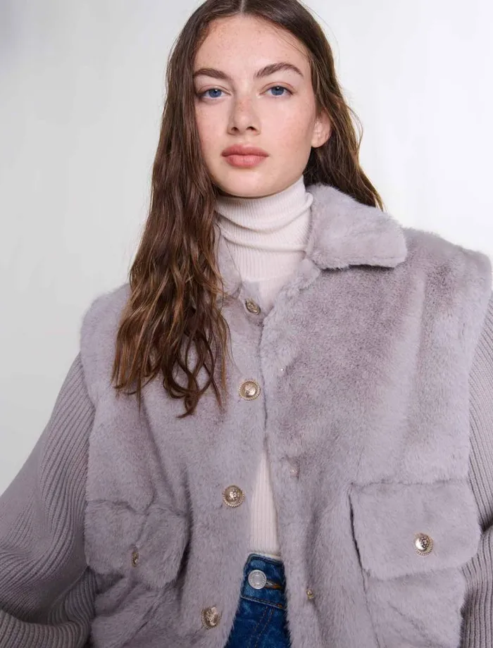 Maje Coats Womens Dualmaterial Faux Fur Jacket Grey