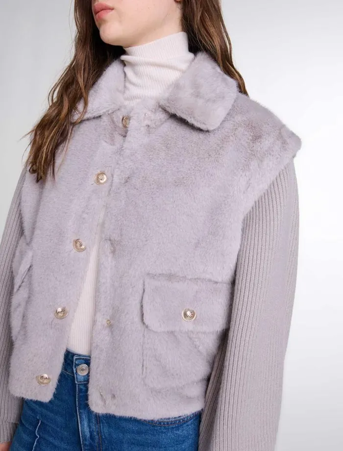 Maje Coats Womens Dualmaterial Faux Fur Jacket Grey