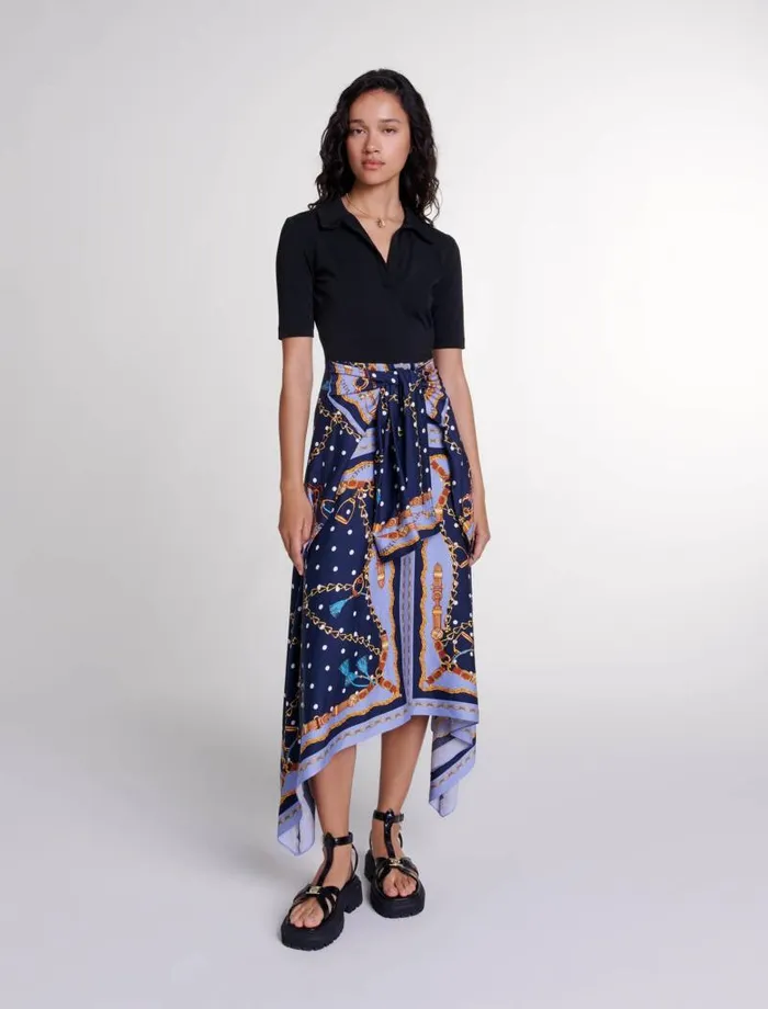 Maje Dresses Womens Illusion Effect Patterned Dress Chain Scarf Print