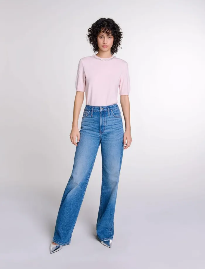 Maje Sweaters and Cardigans Womens Knit Crop Jumper With Rhinestones Pink