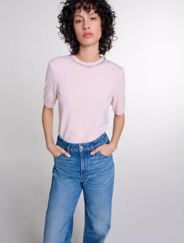 Maje Sweaters and Cardigans Womens Knit Crop Jumper With Rhinestones Pink