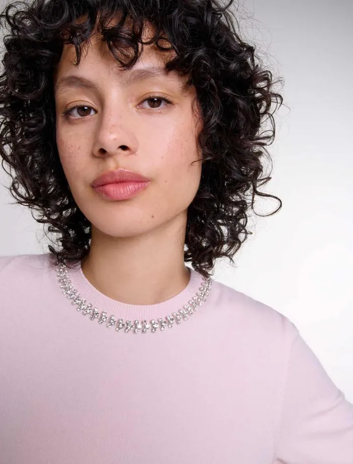Maje Sweaters and Cardigans Womens Knit Crop Jumper With Rhinestones Pink