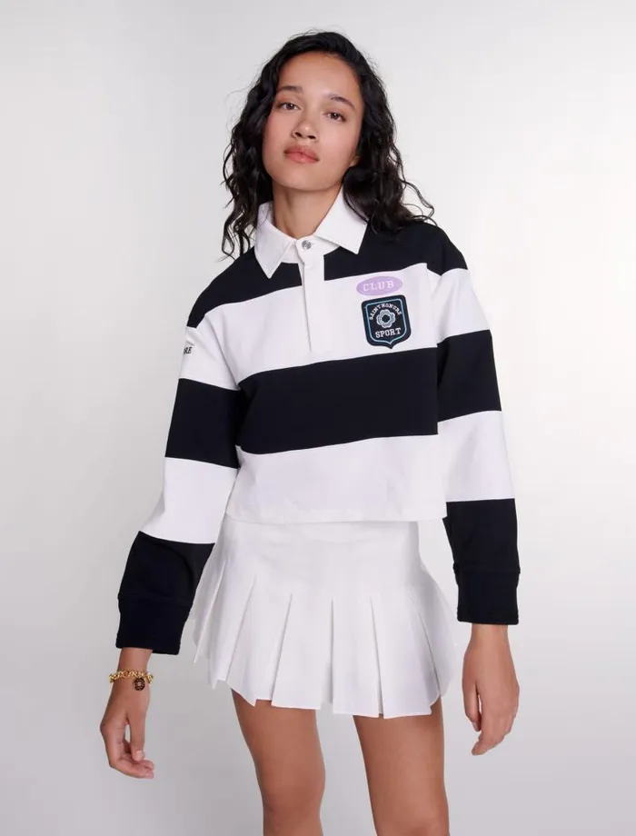 Maje Sweaters and Cardigans Womens Striped And Embroidered Polo Shirt Blackwhite