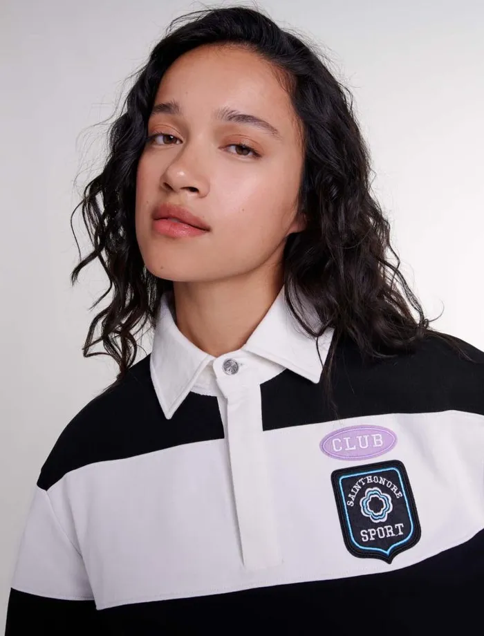Maje Sweaters and Cardigans Womens Striped And Embroidered Polo Shirt Blackwhite