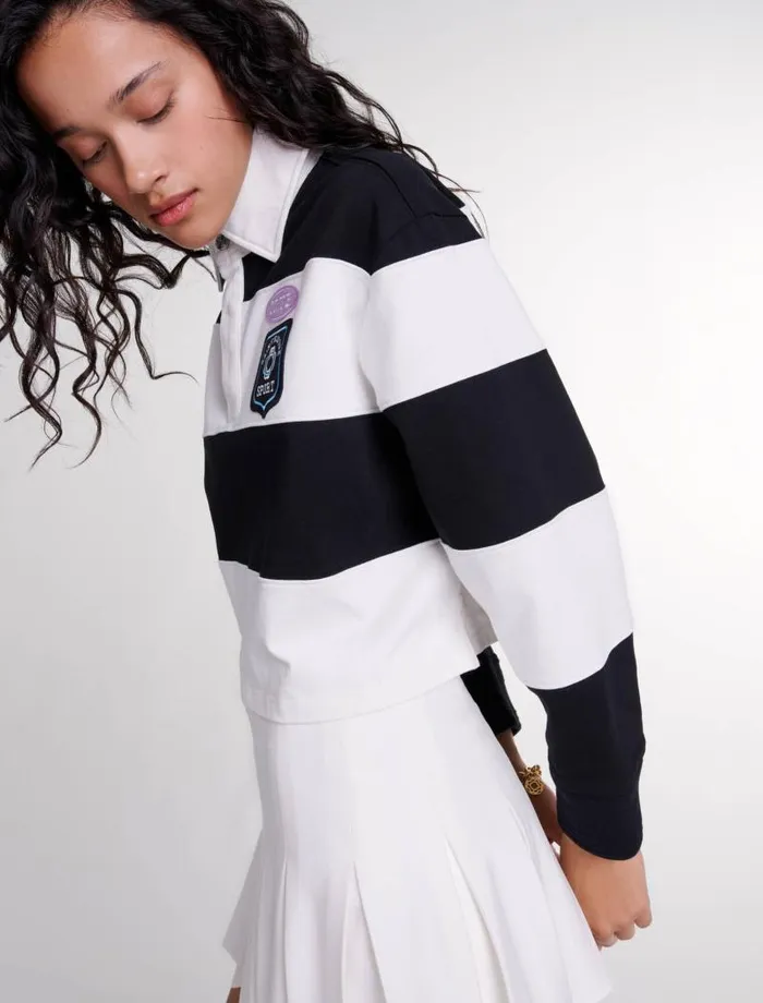 Maje Sweaters and Cardigans Womens Striped And Embroidered Polo Shirt Blackwhite