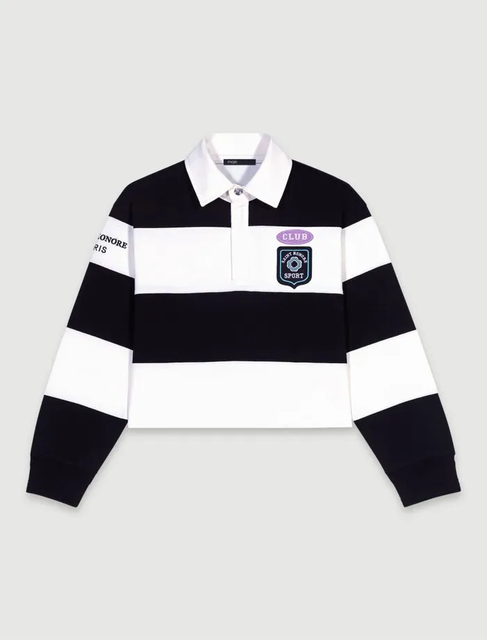 Maje Sweaters and Cardigans Womens Striped And Embroidered Polo Shirt Blackwhite