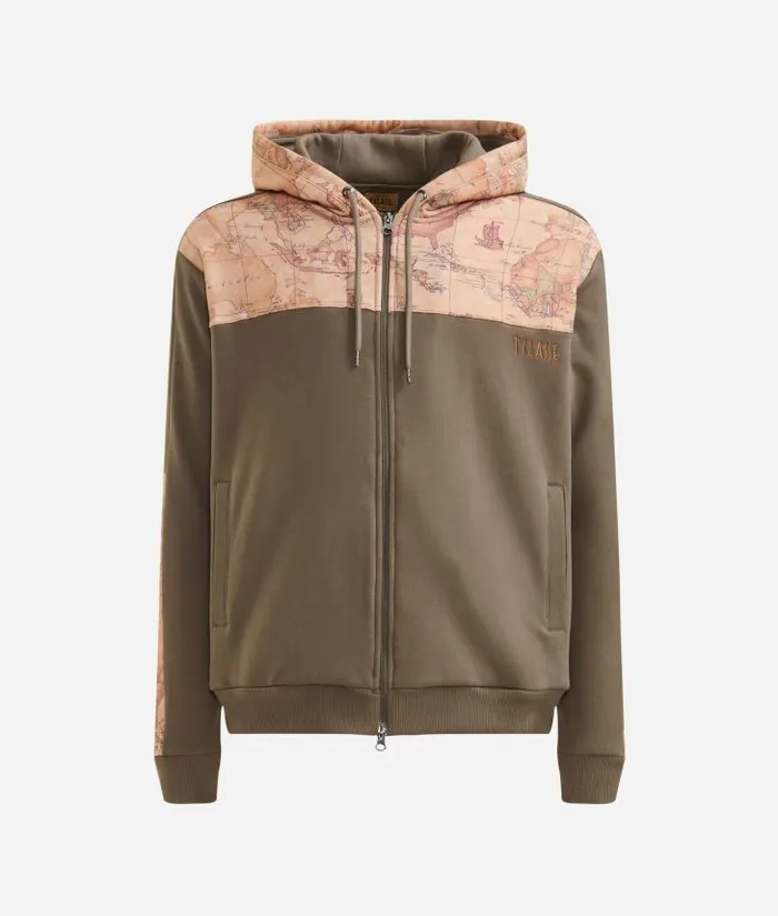 Man Knitwears Shirts and TShirts Alviero Martini Zipped Cotton Hoodie With Geo Classic Details Military Green