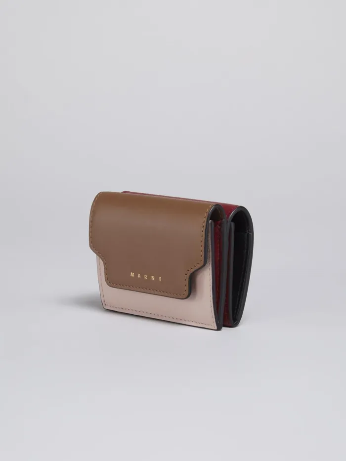 Marni Brown Pink And Burgundy Saffiano Leather Trifold Wallet Gold Brown Womens Wallets and Small Leather Goods