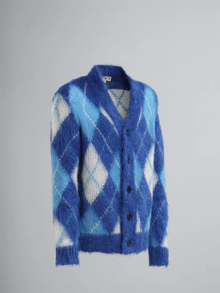 Marni Iconic Mohair Argyle Cardigan Ocean Mens Knitwear Marni Iconic Mohair Argyle Cardigan Ocean Mens Knitwear