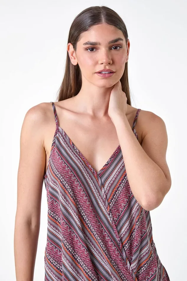 Maroon Aztec Stripe Print Wrap Front Vest Top Women Roman Tops