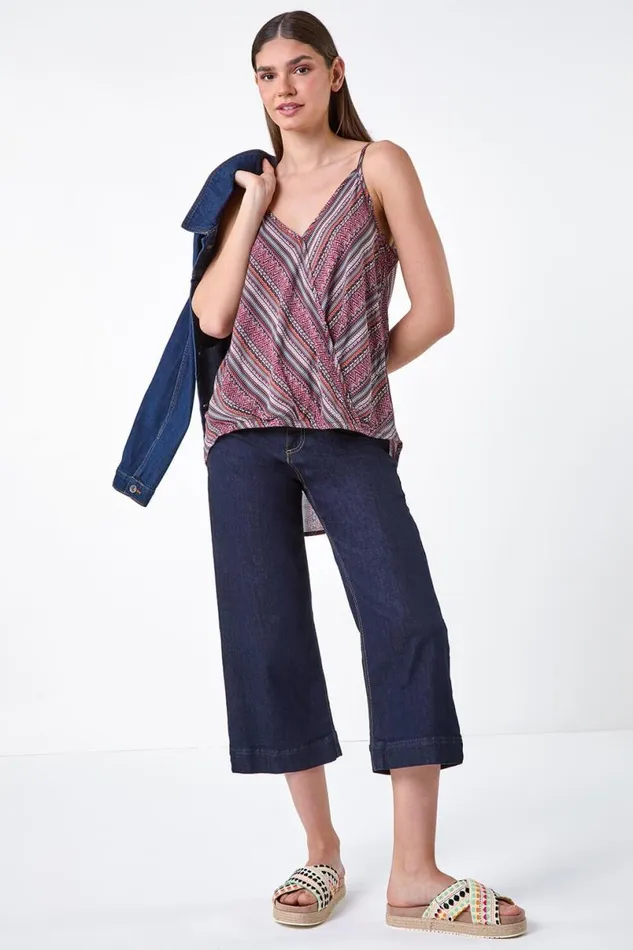 Maroon Aztec Stripe Print Wrap Front Vest Top Women Roman Tops
