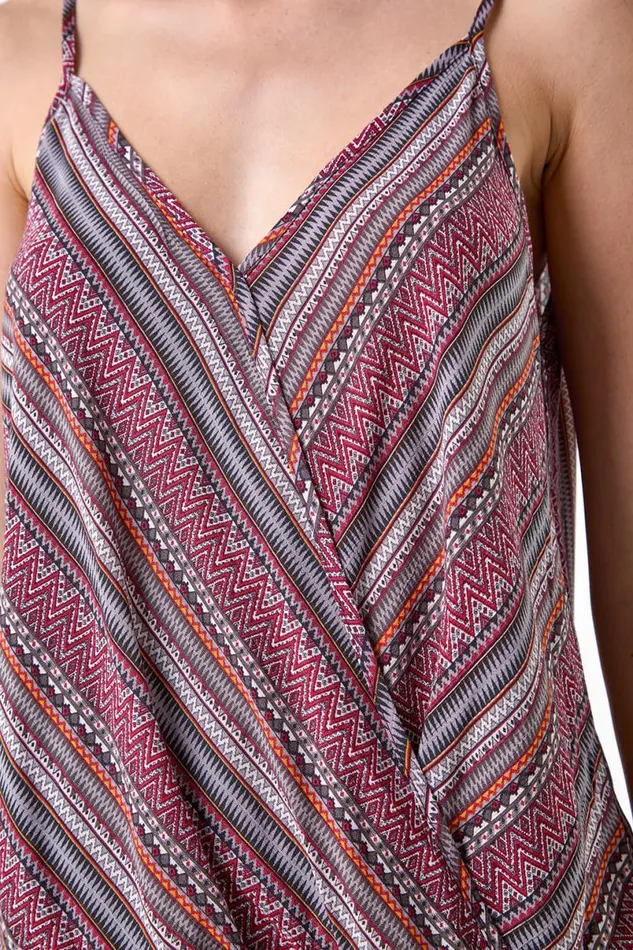 Maroon Aztec Stripe Print Wrap Front Vest Top Women Roman Tops